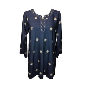 Denim blue tunic top with embroidered flowers